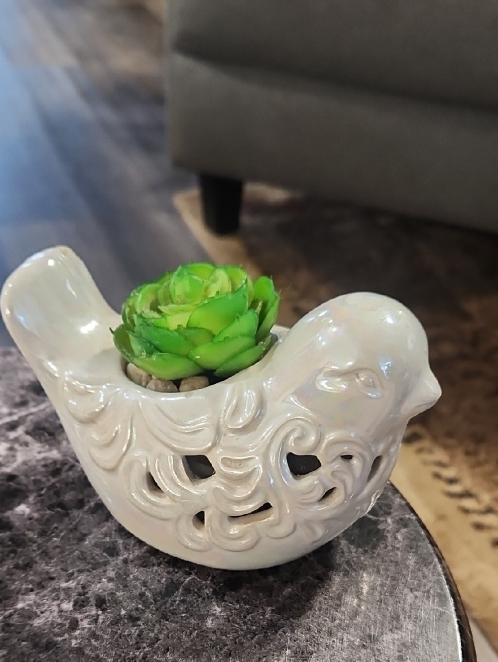 Iridescent White Ceramic Bird Planter with Green Succulent. Holds Fragrance!